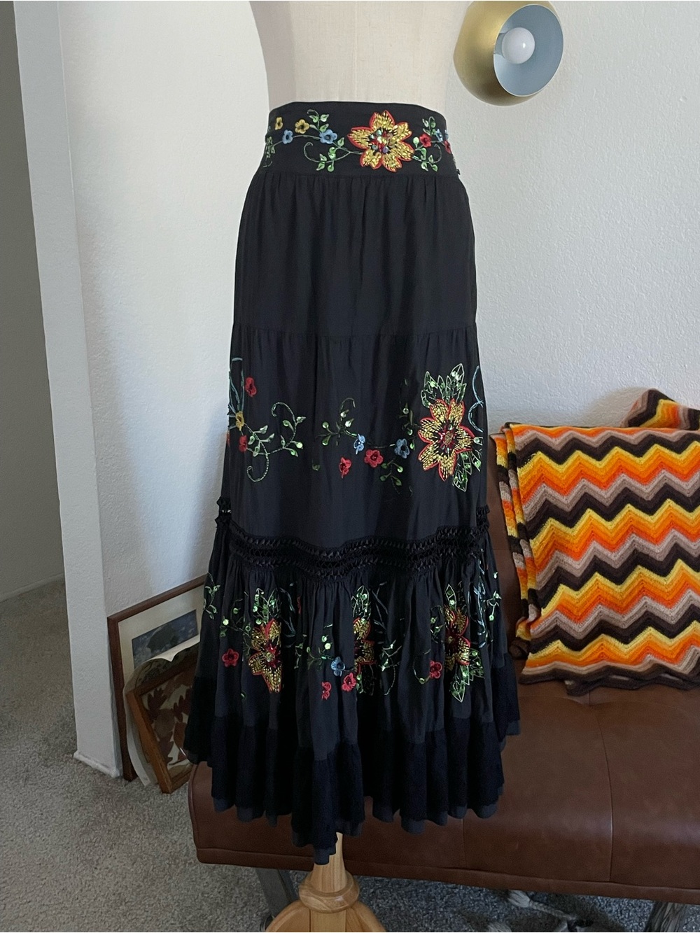 Bizz Boho Witchy Peasant Floral Embroidered Sequined Skirt